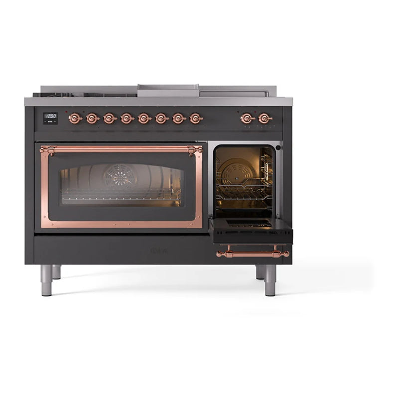 ILVE Nostalgie II Noblesse 48" Dual Fuel Freestanding Range in Graphite Matte with Copper Trim, UN48FSNMPMGPLP