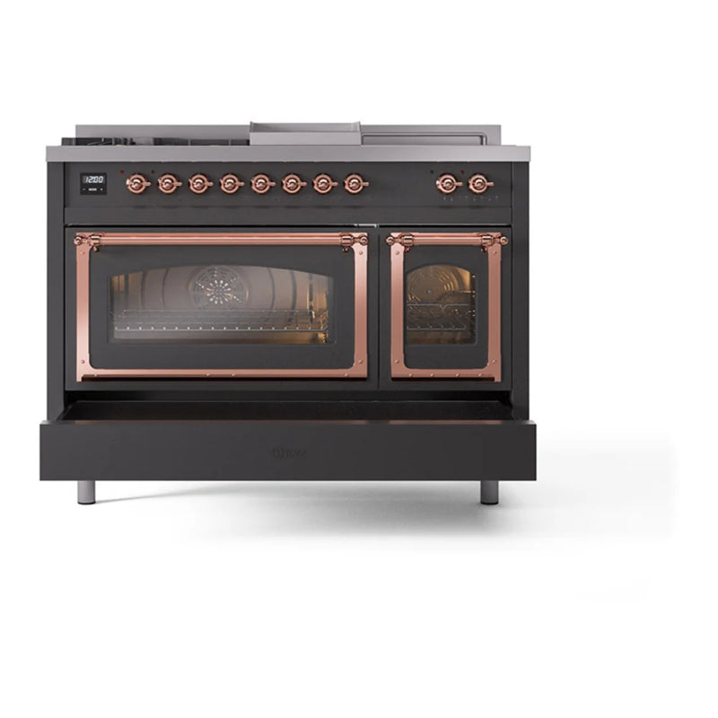 ILVE Nostalgie II Noblesse 48" Dual Fuel Freestanding Range in Graphite Matte with Copper Trim, UN48FSNMPMGPLP