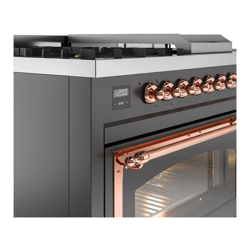 ILVE Nostalgie II Noblesse 48" Dual Fuel Freestanding Range in Graphite Matte with Copper Trim, UN48FSNMPMGPLP