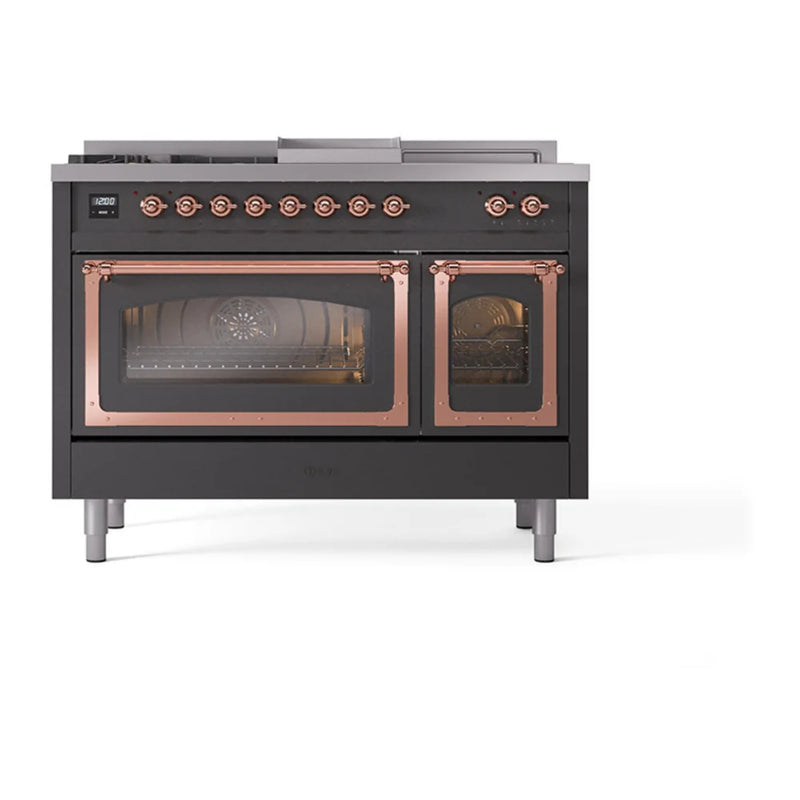 ILVE Nostalgie II Noblesse 48" Dual Fuel Freestanding Range in Graphite Matte with Copper Trim, UN48FSNMPMGP