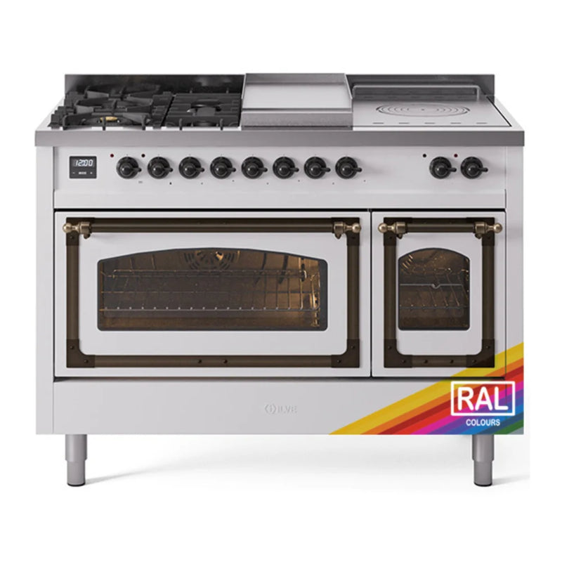 ILVE Nostalgie II Noblesse 48" Dual Fuel Freestanding Range in RAL Color with Burnished Trim, UN48FSNMPRAB