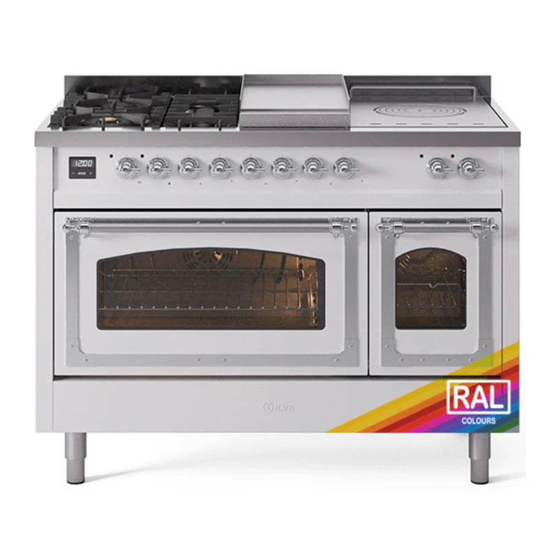 ILVE Nostalgie II Noblesse 48" Dual Fuel Freestanding Range in RAL Color with Chrome Trim, UN48FSNMPRACLP