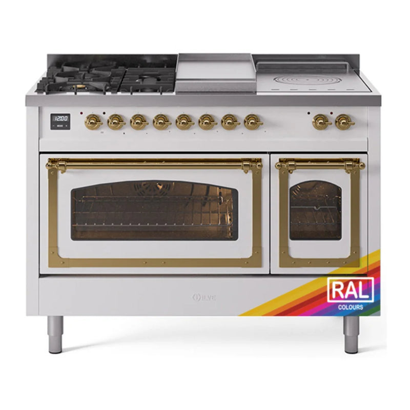 ILVE Nostalgie II Noblesse 48" Dual Fuel Freestanding Range in RAL Color with Brass Trim, UN48FSNMPRAGLP
