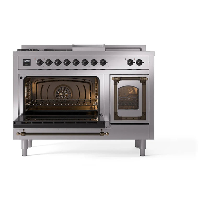 ILVE Nostalgie II Noblesse 48" Dual Fuel Freestanding Range in Stainless Steel with Burnished Trim, UN48FSNMPSSBLP