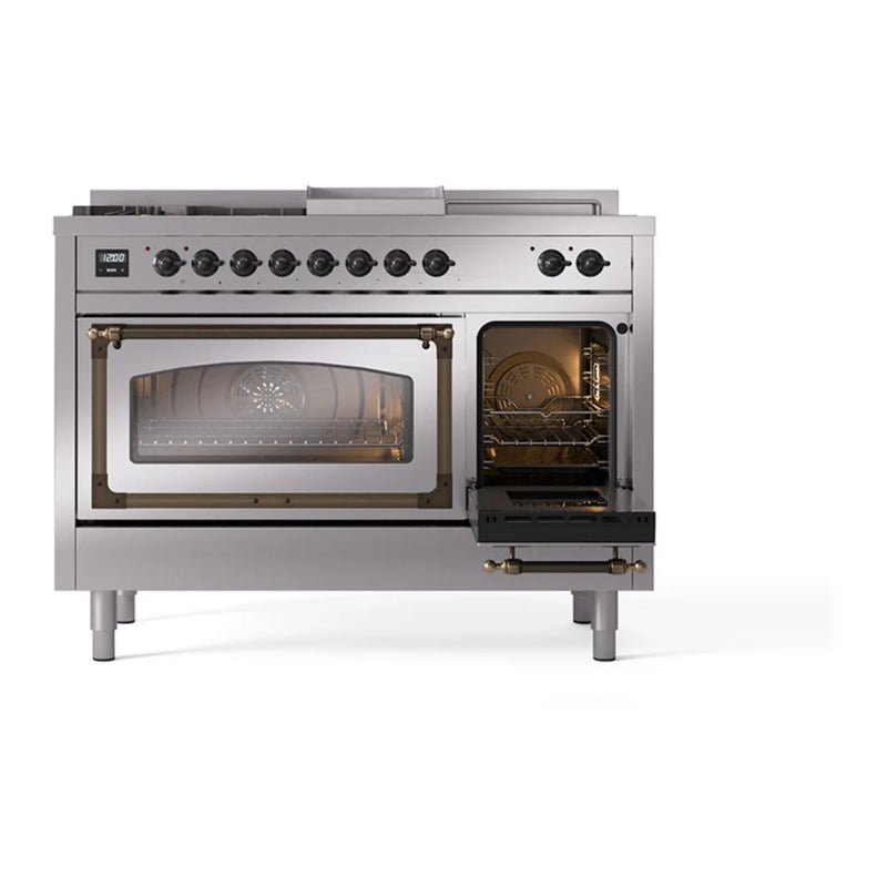 ILVE Nostalgie II Noblesse 48" Dual Fuel Freestanding Range in Stainless Steel with Burnished Trim, UN48FSNMPSSBLP