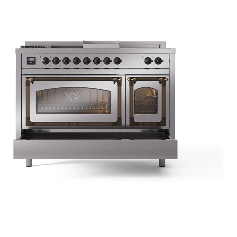 ILVE Nostalgie II Noblesse 48" Dual Fuel Freestanding Range in Stainless Steel with Burnished Trim, UN48FSNMPSSBLP