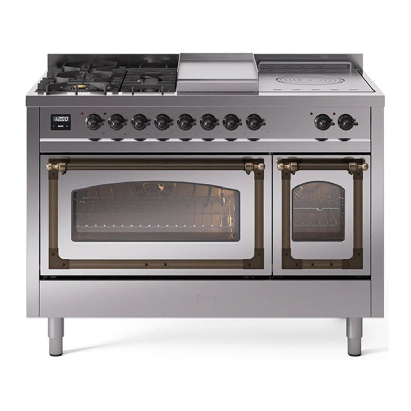 ILVE Nostalgie II Noblesse 48" Dual Fuel Freestanding Range in Stainless Steel with Burnished Trim, UN48FSNMPSSB