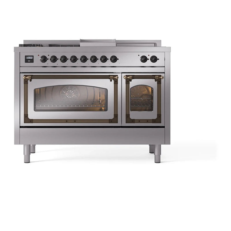 ILVE Nostalgie II Noblesse 48" Dual Fuel Freestanding Range in Stainless Steel with Burnished Trim, UN48FSNMPSSB