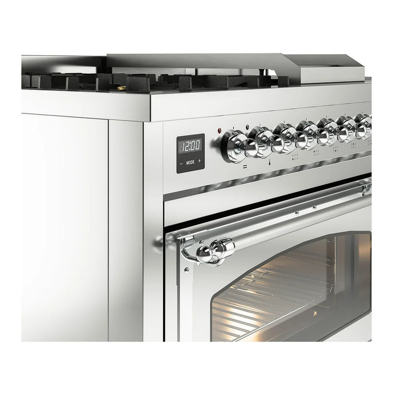 ILVE Nostalgie II Noblesse 48" Dual Fuel Freestanding Range in Stainless Steel with Chrome Trim, UN48FSNMPSSCLP