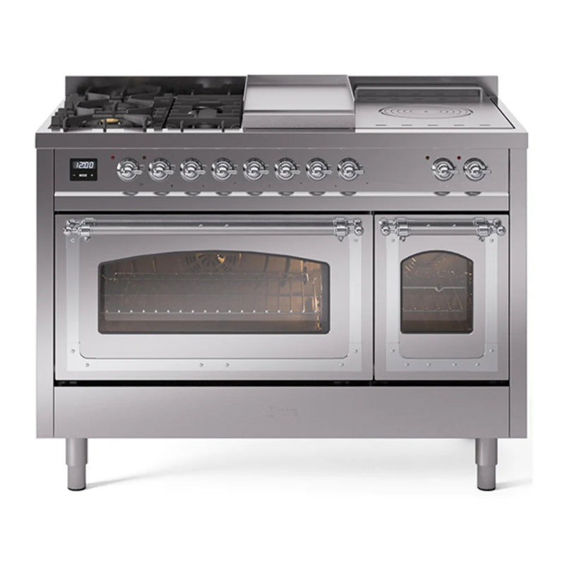 ILVE Nostalgie II Noblesse 48" Dual Fuel Freestanding Range in Stainless Steel with Chrome Trim, UN48FSNMPSSC