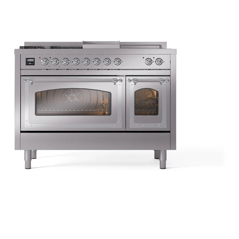 ILVE Nostalgie II Noblesse 48" Dual Fuel Freestanding Range in Stainless Steel with Chrome Trim, UN48FSNMPSSC