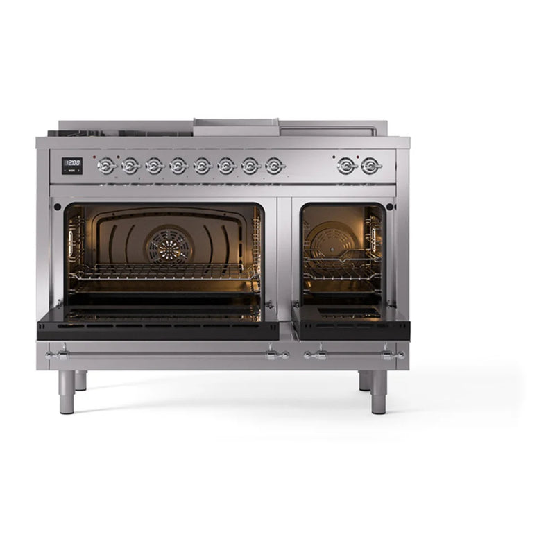 ILVE Nostalgie II Noblesse 48" Dual Fuel Freestanding Range in Stainless Steel with Chrome Trim, UN48FSNMPSSC