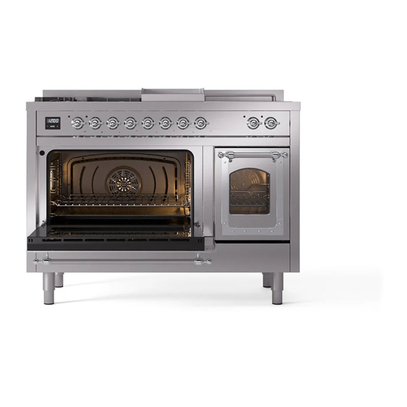 ILVE Nostalgie II Noblesse 48" Dual Fuel Freestanding Range in Stainless Steel with Chrome Trim, UN48FSNMPSSC