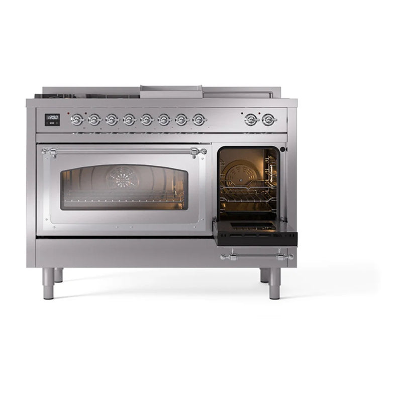 ILVE Nostalgie II Noblesse 48" Dual Fuel Freestanding Range in Stainless Steel with Chrome Trim, UN48FSNMPSSC