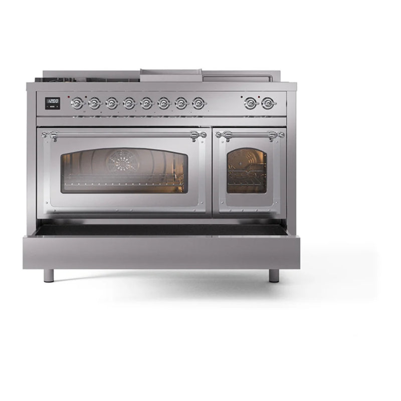 ILVE Nostalgie II Noblesse 48" Dual Fuel Freestanding Range in Stainless Steel with Chrome Trim, UN48FSNMPSSC