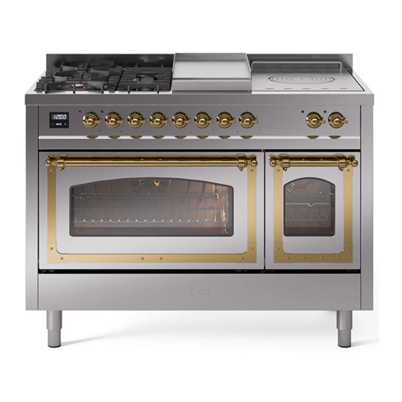 ILVE Nostalgie II Noblesse 48" Dual Fuel Freestanding Range in Stainless Steel with Brass Trim, UN48FSNMPSSGLP