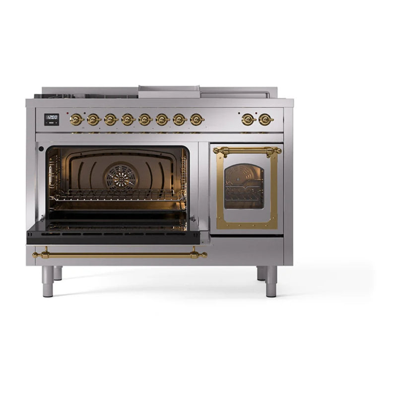 ILVE Nostalgie II Noblesse 48" Dual Fuel Freestanding Range in Stainless Steel with Brass Trim, UN48FSNMPSSGLP