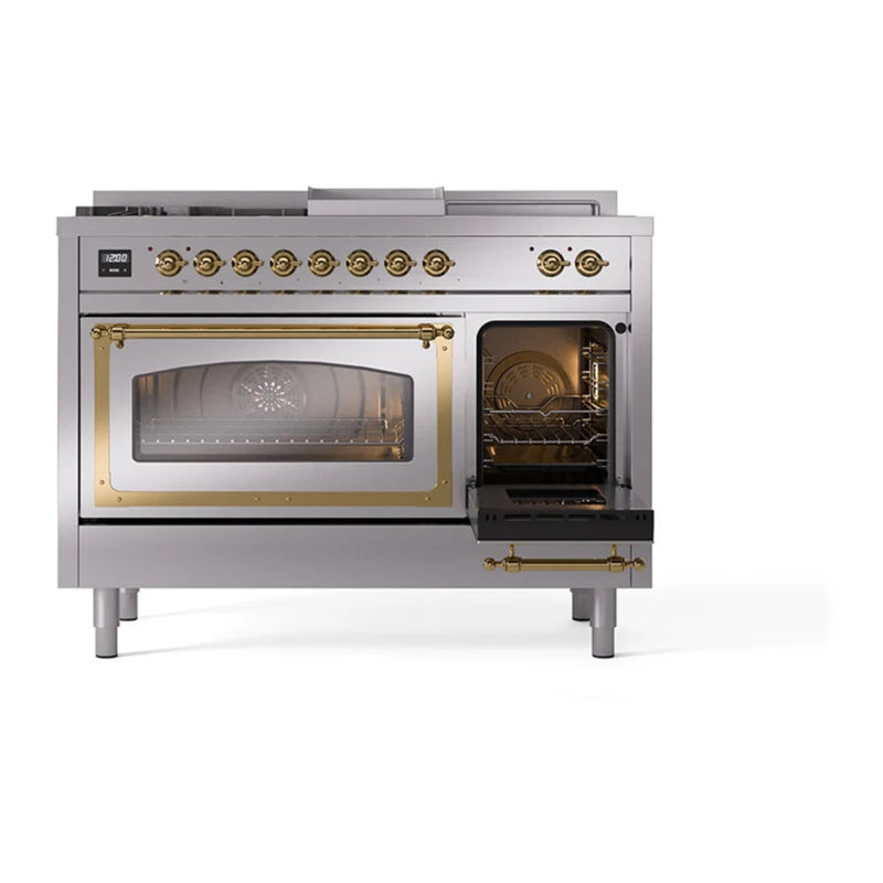 ILVE Nostalgie II Noblesse 48" Dual Fuel Freestanding Range in Stainless Steel with Brass Trim, UN48FSNMPSSGLP