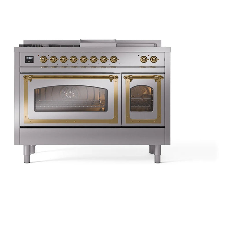 ILVE Nostalgie II Noblesse 48" Dual Fuel Freestanding Range in Stainless Steel with Brass Trim, UN48FSNMPSSG