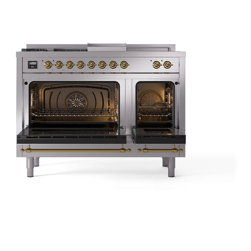 ILVE Nostalgie II Noblesse 48" Dual Fuel Freestanding Range in Stainless Steel with Brass Trim, UN48FSNMPSSG