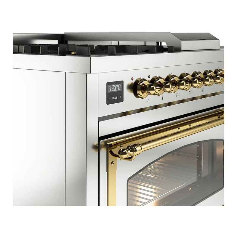 ILVE Nostalgie II Noblesse 48" Dual Fuel Freestanding Range in Stainless Steel with Brass Trim, UN48FSNMPSSG