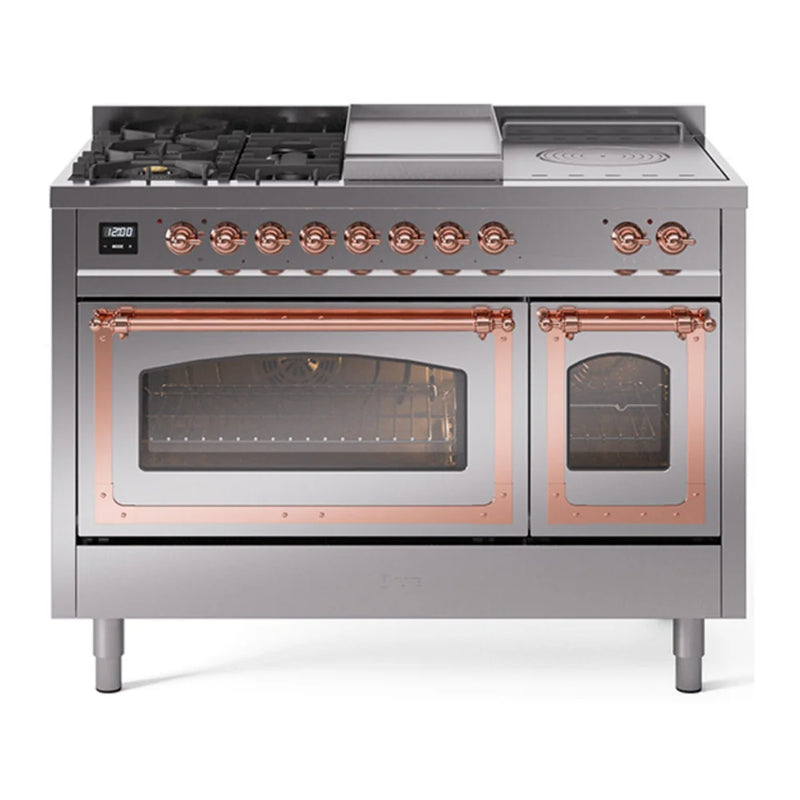 ILVE Nostalgie II Noblesse 48" Dual Fuel Freestanding Range in Stainless Steel with Copper Trim, UN48FSNMPSSPLP