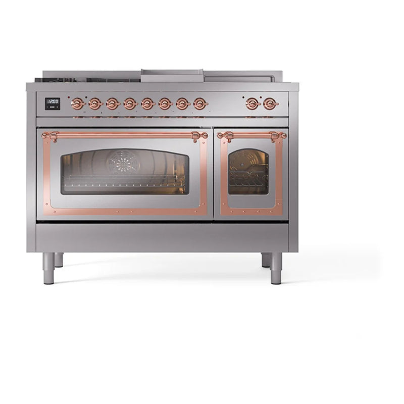 ILVE Nostalgie II Noblesse 48" Dual Fuel Freestanding Range in Stainless Steel with Copper Trim, UN48FSNMPSSPLP