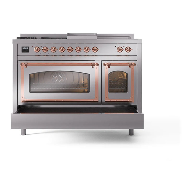 ILVE Nostalgie II Noblesse 48" Dual Fuel Freestanding Range in Stainless Steel with Copper Trim, UN48FSNMPSSPLP
