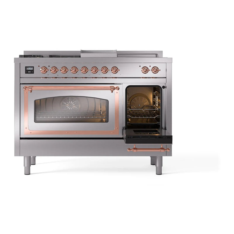 ILVE Nostalgie II Noblesse 48" Dual Fuel Freestanding Range in Stainless Steel with Copper Trim, UN48FSNMPSSP