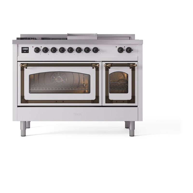 ILVE Nostalgie II Noblesse 48" Dual Fuel Freestanding Range in White with Burnished Trim, UN48FSNMPWHBLP