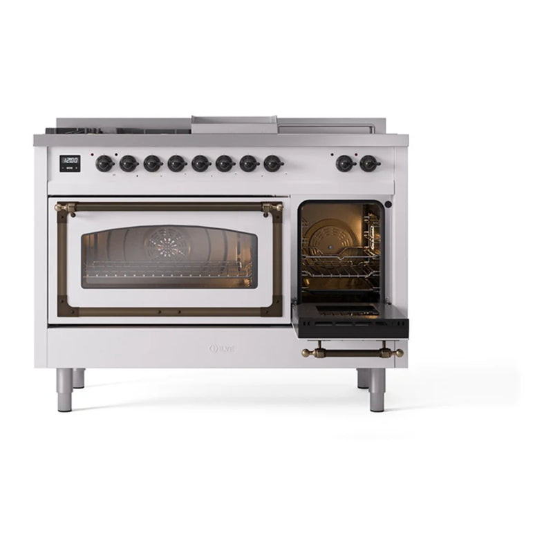 ILVE Nostalgie II Noblesse 48" Dual Fuel Freestanding Range in White with Burnished Trim, UN48FSNMPWHBLP
