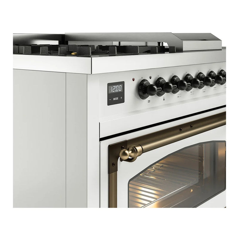 ILVE Nostalgie II Noblesse 48" Dual Fuel Freestanding Range in White with Burnished Trim, UN48FSNMPWHBLP