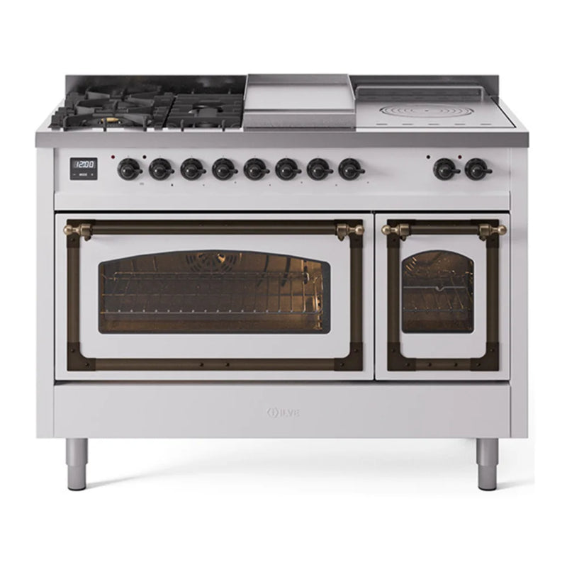 ILVE Nostalgie II Noblesse 48" Dual Fuel Freestanding Range in White with Burnished Trim, UN48FSNMPWHB