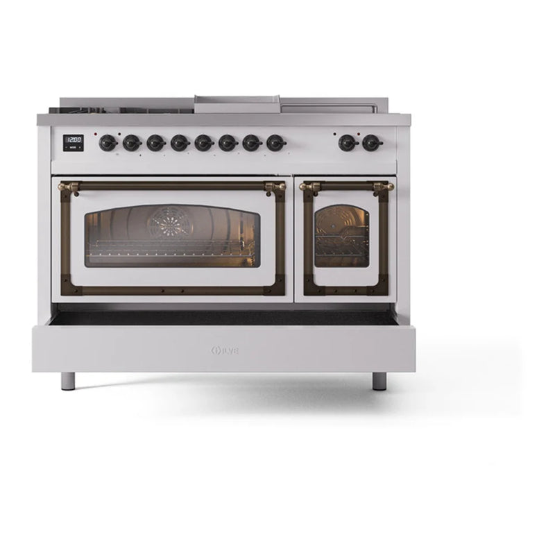 ILVE Nostalgie II Noblesse 48" Dual Fuel Freestanding Range in White with Burnished Trim, UN48FSNMPWHB