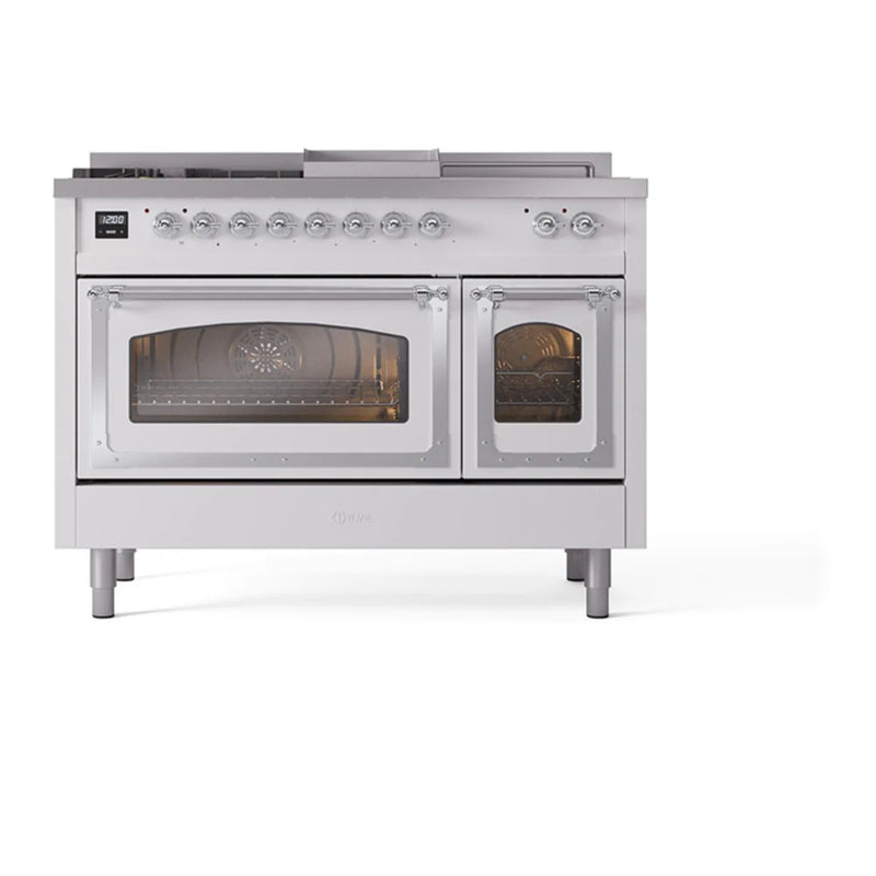 ILVE Nostalgie II Noblesse 48" Dual Fuel Freestanding Range in White with Chrome Trim, UN48FSNMPWHCLP