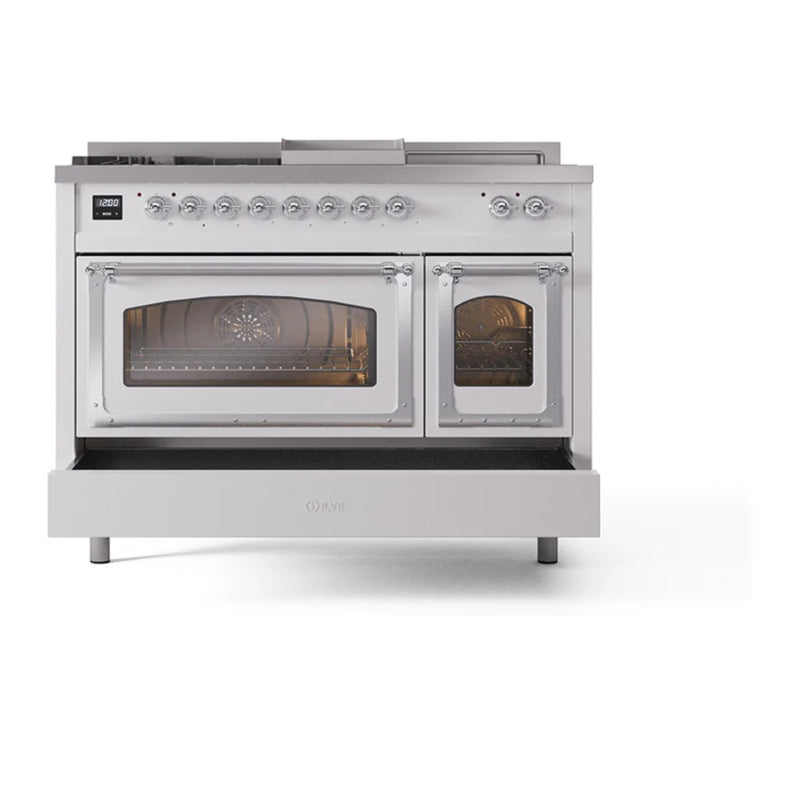 ILVE Nostalgie II Noblesse 48" Dual Fuel Freestanding Range in White with Chrome Trim, UN48FSNMPWHCLP