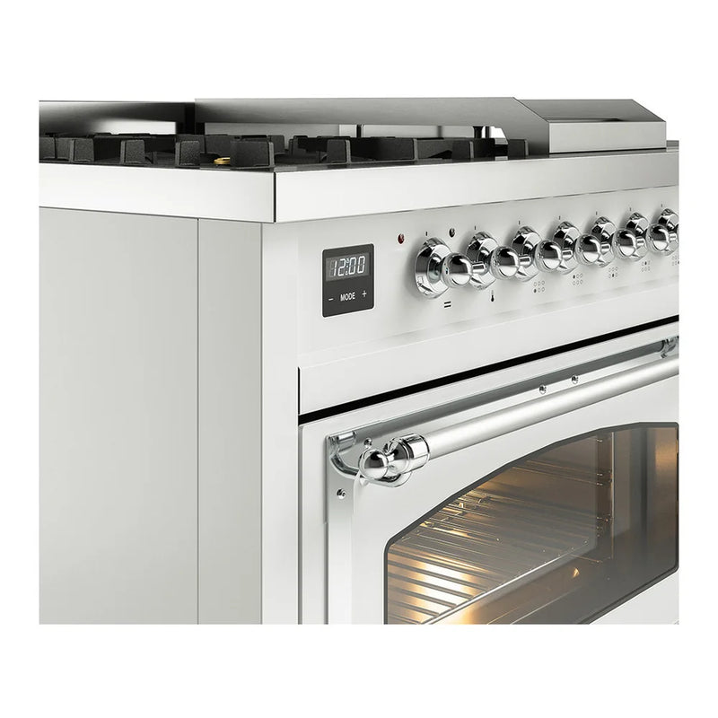ILVE Nostalgie II Noblesse 48" Dual Fuel Freestanding Range in White with Chrome Trim, UN48FSNMPWHCLP