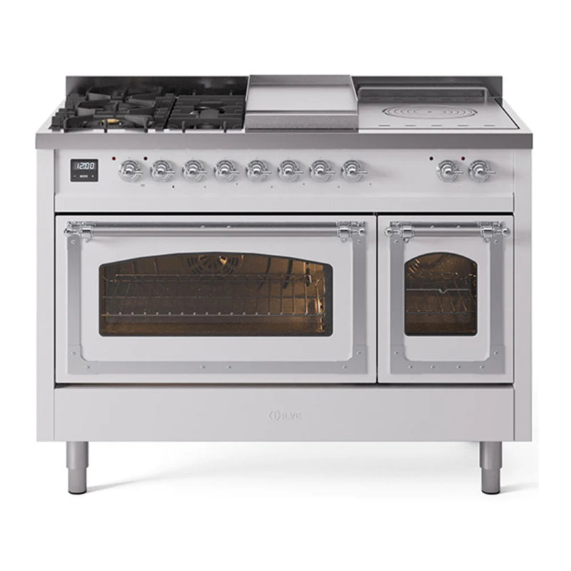 ILVE Nostalgie II Noblesse 48" Dual Fuel Freestanding Range in White with Chrome Trim, UN48FSNMPWHC