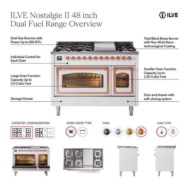 ILVE Nostalgie II Noblesse 48" Dual Fuel Freestanding Range in White with Chrome Trim, UN48FSNMPWHC