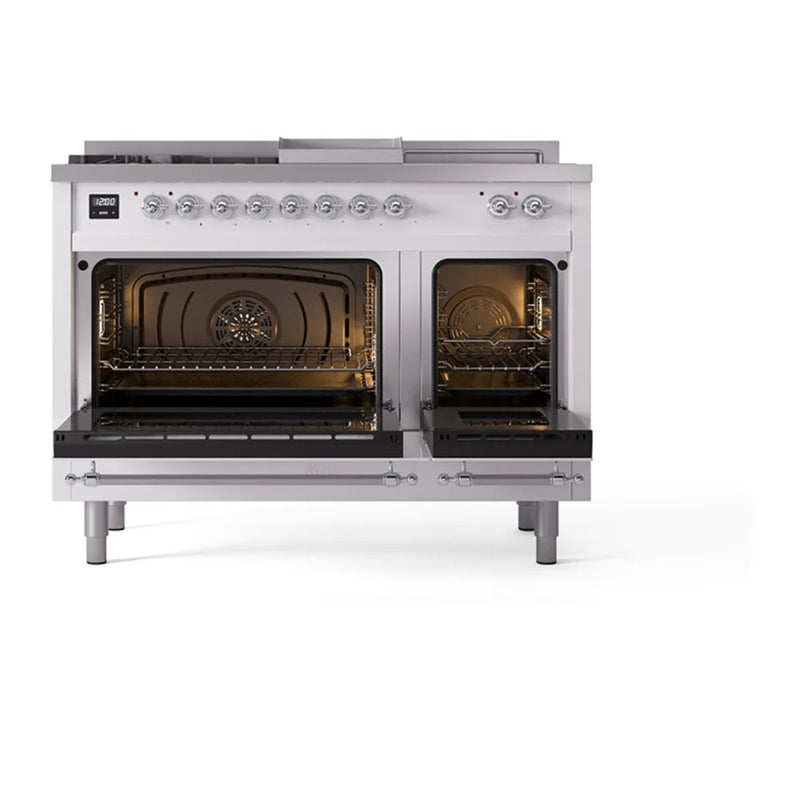ILVE Nostalgie II Noblesse 48" Dual Fuel Freestanding Range in White with Chrome Trim, UN48FSNMPWHC