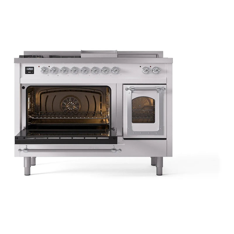 ILVE Nostalgie II Noblesse 48" Dual Fuel Freestanding Range in White with Chrome Trim, UN48FSNMPWHC