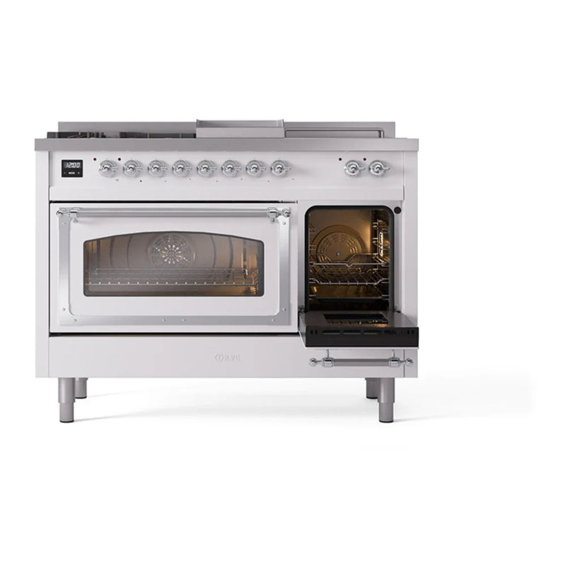 ILVE Nostalgie II Noblesse 48" Dual Fuel Freestanding Range in White with Chrome Trim, UN48FSNMPWHC