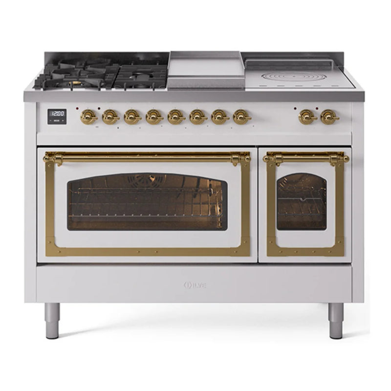 ILVE Nostalgie II Noblesse 48" Dual Fuel Freestanding Range in White with Brass Trim, UN48FSNMPWHGLP