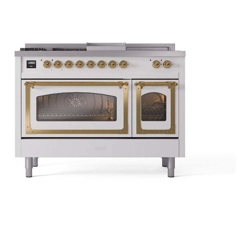 ILVE Nostalgie II Noblesse 48" Dual Fuel Freestanding Range in White with Brass Trim, UN48FSNMPWHGLP