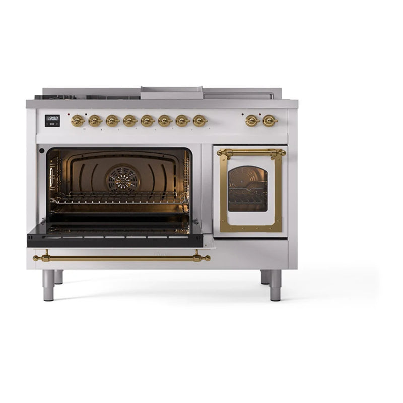 ILVE Nostalgie II Noblesse 48" Dual Fuel Freestanding Range in White with Brass Trim, UN48FSNMPWHGLP
