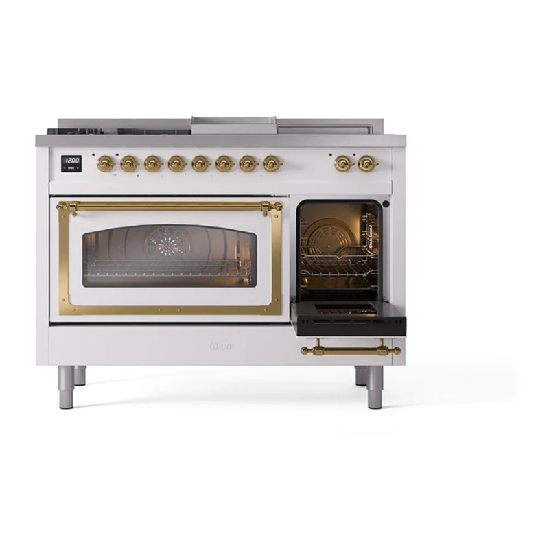 ILVE Nostalgie II Noblesse 48" Dual Fuel Freestanding Range in White with Brass Trim, UN48FSNMPWHGLP