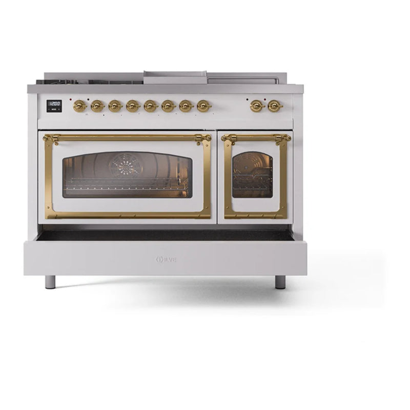 ILVE Nostalgie II Noblesse 48" Dual Fuel Freestanding Range in White with Brass Trim, UN48FSNMPWHGLP