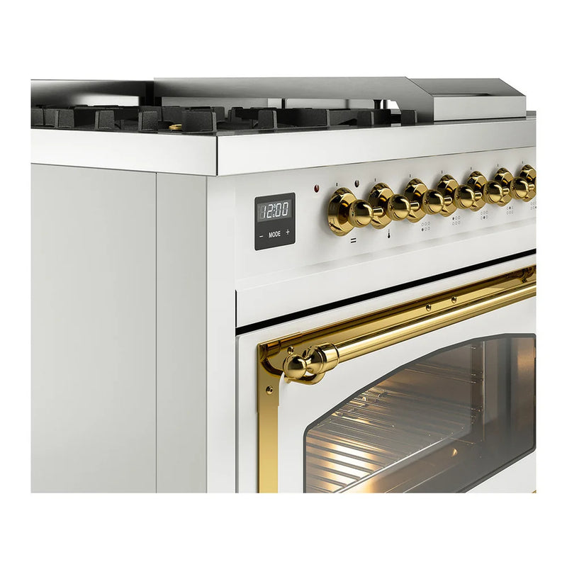 ILVE Nostalgie II Noblesse 48" Dual Fuel Freestanding Range in White with Brass Trim, UN48FSNMPWHGLP