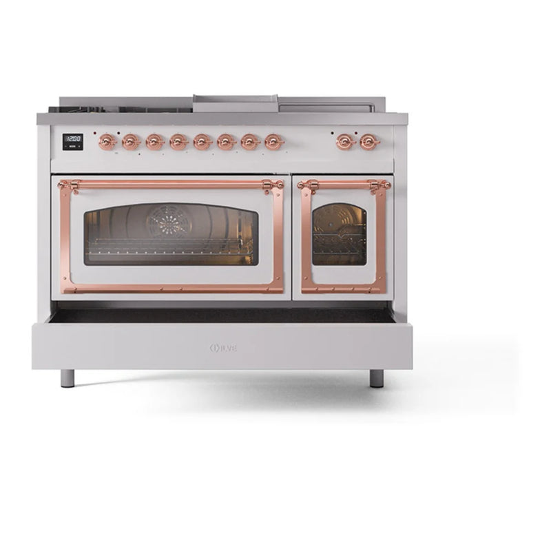 ILVE Nostalgie II Noblesse 48" Dual Fuel Freestanding Range in White with Copper Trim, UN48FSNMPWHPLP