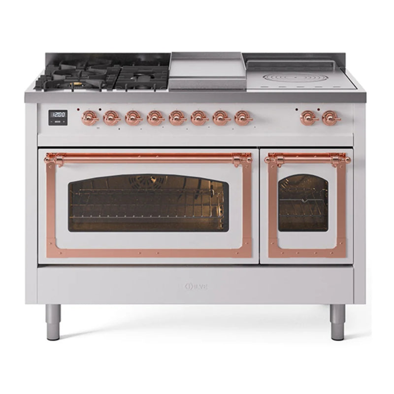 ILVE Nostalgie II Noblesse 48" Dual Fuel Freestanding Range in White with Copper Trim, UN48FSNMPWHP